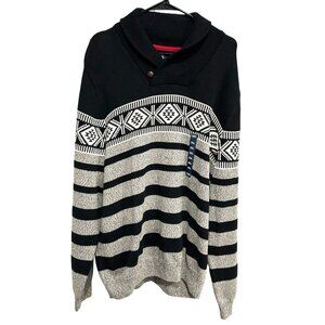Chaps Mens NE2XL Shawl Collar Knit Sweater Black & Gray Striped Geometric Patter